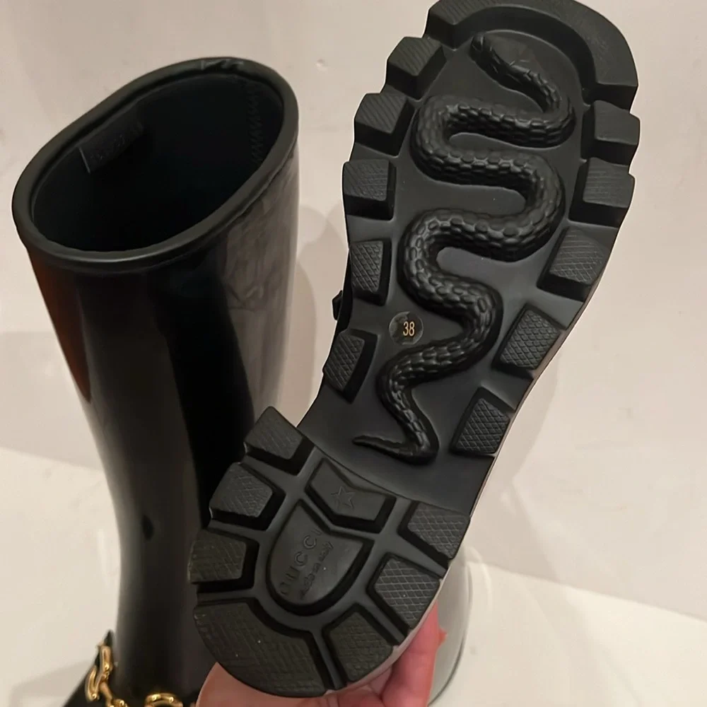 New Gucci Horsebit Tall Rain Boots Black Italy Size 38 - Picture 9 of 16